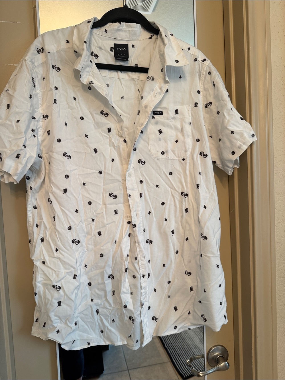 RVCA White Short-Sleeve Button-Down Shirt with Black Motif
